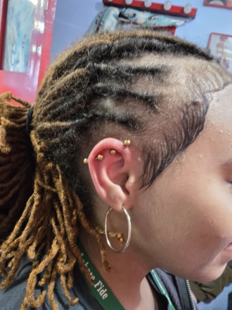 Double helix cartilage ear piercing with gold jewellery